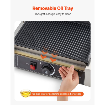 VEVOR Επαγγελματική Ψησταριά Panini, Ηλεκτρική Μηχανή Panini για Σάντουιτς 2200W, Πρέσα Σάντουιτς από Ανοξείδωτο Ατσάλι με Λαβή και Έλεγχο Θερμοκρασίας, Πλάκα από Σμάλτο 34x23 cm με Πλήρεις Αυλακώσεις, για Χάμπουργκερ, Μοσχάρι και Μπέικον