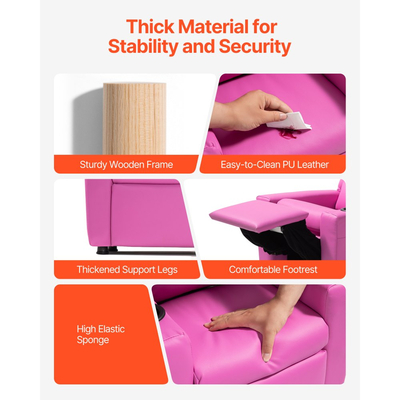 Παιδική Ανακλινόμενη Πολυθρόνα VEVOR, Ανακλινόμενη Πολυθρόνα για Νήπια με Θήκη για Ποτήρια, Ρυθμιζόμενη Πλάτη 101° έως 121°, Εύκολος Καθαρισμός από Δερμάτινο Πολυουρεθανικό Πολυουρεθανικό Καναπές με Υποπόδιο, Φορτίο 41 kg, για Αγόρια & Κορίτσια, Παιδιά (Ροζ)