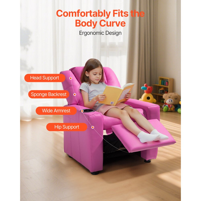 Παιδική Ανακλινόμενη Πολυθρόνα VEVOR, Ανακλινόμενη Πολυθρόνα για Νήπια με Θήκη για Ποτήρια, Ρυθμιζόμενη Πλάτη 101° έως 121°, Εύκολος Καθαρισμός από Δερμάτινο Πολυουρεθανικό Πολυουρεθανικό Καναπές με Υποπόδιο, Φορτίο 41 kg, για Αγόρια & Κορίτσια, Παιδιά (Ροζ)