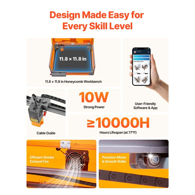 Χαρακτική μηχανή λέιζερ VEVOR, 10W, Μηχανή χάραξης και κοπής με περίβλημα, Μηχανή χάραξης λέιζερ κοπής, Περιοχή εργασίας 300 x 300 mm, 7000 mm/min, για ξύλο, δέρμα, γυαλί, ορισμένα μέταλλα, Κλάση 1