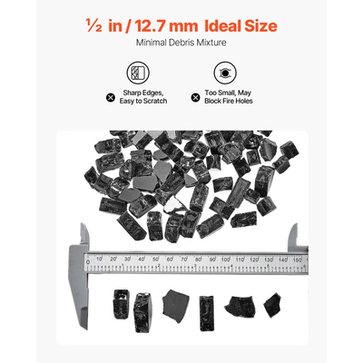 Πυρίμαχο γυαλί VEVOR, 10 LBS / 4,5 KG ανθεκτικά σε υψηλές θερμοκρασίες τζάκια, ανακλαστική και άκαπνη γυάλινη πέτρα τζακιού 1/2 ίντσας / 12,7 mm, πέτρα υψηλής στιλπνότητας για τραπέζι τζακιού, μαύρο