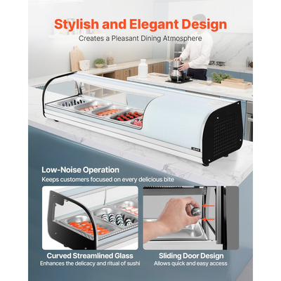 Βιτρίνα Σούσι VEVOR, Ψυγείο Sushi 52L, Επιτραπέζια Βιτρίνα 5 Τηγανιών με Καμπύλο Γυαλί, Φωτισμό LED και Ψηφιακό Έλεγχο Θερμοκρασίας, για Πάγκο Sushi-Bar, Εστιατόριο, Κατάστημα