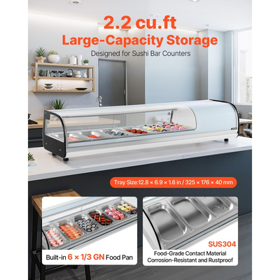 Ψυγείο βιτρίνας σούσι VEVOR, επαγγελματική βιτρίνα σούσι 62 λίτρων, επιτραπέζια βιτρίνα 6 θέσεων με καμπύλο γυαλί, φωτισμό LED και ψηφιακό έλεγχο θερμοκρασίας, για πάγκο σούσι μπαρ, εστιατόριο, κατάστημα