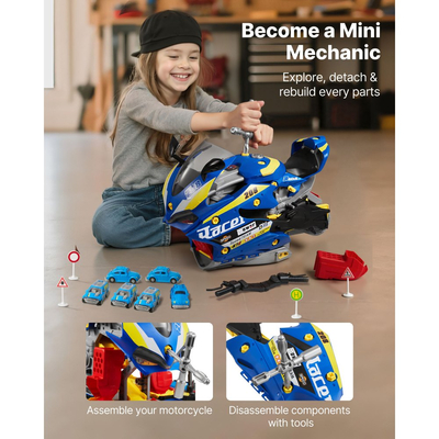 Παιχνίδι Μηχανής Μοτοσικλέτας VEVOR, 25 Τεμάχια, Παιχνίδι Μηχανικού Μοτοσικλέτας με Αφαιρούμενα Μέρη, Φώτα & Ήχους, Προσομοίωση Οδήγησης & Αγώνων Πίστας, Σετ Εργαστηρίου Μηχανικού για Παιδιά 3 Ετών και Άνω, Μπλε