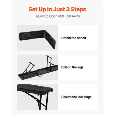 Πλαστικός πτυσσόμενος πάγκος VEVOR, φορητός πάγκος 6 ποδιών για υπαίθριο πικνίκ, πάρτι, κάμπινγκ, φαγητό, πτυσσόμενο λείο κάθισμα HDPE για ποδόσφαιρο κήπου, πολυχρηστικές ψυχαγωγικές δραστηριότητες, 2 τεμάχια, 2 τσάντες μεταφοράς, μαύρο