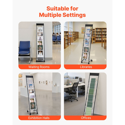 Ράφι προβολής φυλλαδίων VEVOR, στενή βάση προβολής περιοδικών 6 επιπέδων με ρόδες, μεταλλική επιδαπέδια βάση περιοδικών, κινητές θήκες καταλόγων εφημερίδων για κατάστημα/εκθεσιακό γραφείο (6 τσέπες)