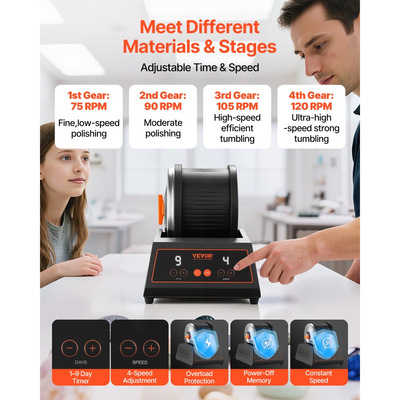 Κιτ γυάλισμα πέτρας VEVOR, κιτ στίλβωσης πέτρας, 4 ρυθμίσεις ταχύτητας, 9ήμερο χρονόμετρο στίλβωσης, κιτ στίλβωσης πέτρας, γυαλιστικό πέτρας χωρίς ζώνη με προσαρμογέα και προστασία υπερφόρτωσης, γυαλιστικό πέτρας για ενήλικες και παιδιά