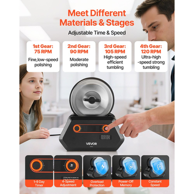Κιτ γυαλίσματος πέτρας VEVOR, κιτ στίλβωσης πέτρας, 4 ρυθμίσεις ταχύτητας, χρονοδιακόπτης στίλβωσης 9 ημερών, κιτ στίλβωσης πέτρας, γυαλιστικό πέτρας με ακατέργαστες πολύτιμες πέτρες και κόκκους στίλβωσης, γυαλιστικό πέτρας για ενήλικες και παιδιά