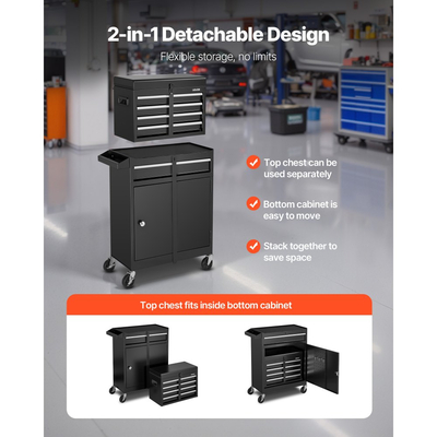 Ρολό εργαλειοθήκης VEVOR, Σχεδιασμός 2 σε 1, Οργανωτής ερμαρίου εργαλείων με 5 συρτάρια με αποσπώμενη μεταλλική εργαλειοθήκη, μπάρα κλειδώματος, προστατευτική επένδυση και ράφι εργαλείων, Ντουλάπι αποθήκευσης γκαράζ για αποθήκη, εργαστήριο