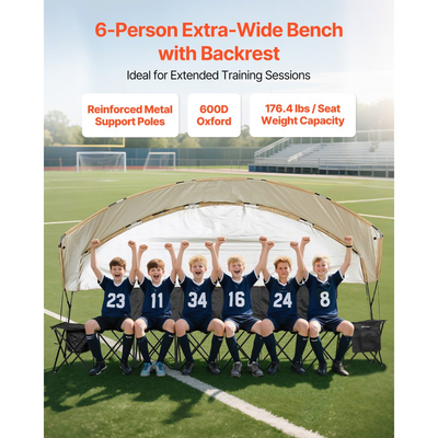 Φορητός Πτυσσόμενος Πάγκος VEVOR, Πάγκος Ποδοσφαίρου 6 Θέσεων με Θήκες Αποθήκευσης, Θήκες Ποτηριών & Τσάντα Μεταφοράς, Ελαφρύ Πλαϊνό Καθιστικό με Σκίαστρο για Ποδόσφαιρο, Μπέιζμπολ, Κάμπινγκ, Υπαίθριες Εκδηλώσεις, Μαύρο