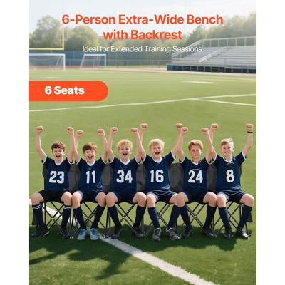 Φορητός Πτυσσόμενος Πάγκος VEVOR, Πάγκος Ποδοσφαίρου 6 Θέσεων με Πολλαπλές Θήκες Αποθήκευσης & Τσάντα Μεταφοράς, Ελαφρύ Πλαϊνό Καθιστικό με Πλάτη για Ποδόσφαιρο, Μπέιζμπολ, Κάμπινγκ, Υπαίθριες Εκδηλώσεις, Μαύρο