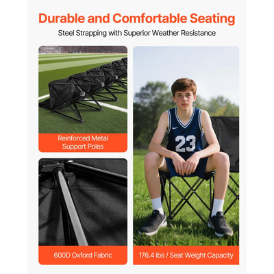 Φορητός Πτυσσόμενος Πάγκος VEVOR, Πάγκος Ποδοσφαίρου 6 Θέσεων με Πολλαπλές Θήκες Αποθήκευσης & Τσάντα Μεταφοράς, Ελαφρύ Πλαϊνό Καθιστικό με Πλάτη για Ποδόσφαιρο, Μπέιζμπολ, Κάμπινγκ, Υπαίθριες Εκδηλώσεις, Μαύρο