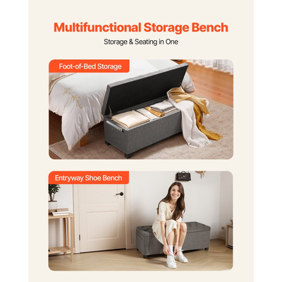 Πάγκος Αποθήκευσης VEVOR, Πάγκος Κρεβατιού με Κουμπιά και Πλαϊνές Τσάντες, Αναδιπλούμενο Κιβώτιο Αποθήκευσης με Μεταλλικό Σκελετό, Οθωμανός Κρεβατιού από Λινό για Σαλόνι, Υπνοδωμάτιο, Είσοδο, Γραφείο, Γκρι