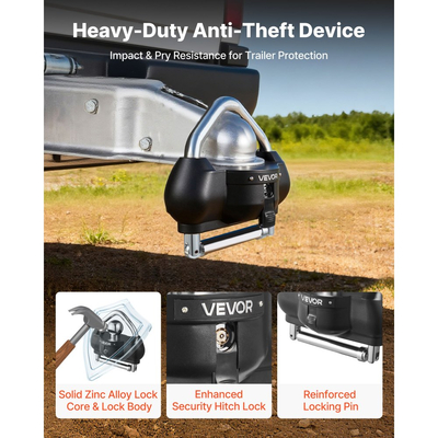 Κλείδωμα ρυμούλκησης VEVOR, Κατάλληλο για ζεύκτες 46 mm, 50,8 mm, 58,7 mm, Αντικλεπτική κλειδαριά ρυμούλκησης βαρέως τύπου με 3 κλειδιά, Ανθεκτικό σε ανοίγματα, Σχεδιασμός ρυθμιζόμενου ύψους για τροχόσπιτα, σκάφη, ρυμουλκούμενα, Μαύρο