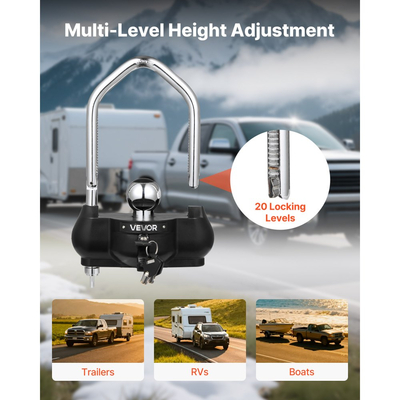 Κλείδωμα ρυμούλκησης VEVOR, Κατάλληλο για ζεύκτες 46 mm, 50,8 mm, 58,7 mm, Αντικλεπτική κλειδαριά ρυμούλκησης βαρέως τύπου με 3 κλειδιά, Ανθεκτικό σε ανοίγματα, Σχεδιασμός ρυθμιζόμενου ύψους για τροχόσπιτα, σκάφη, ρυμουλκούμενα, Μαύρο