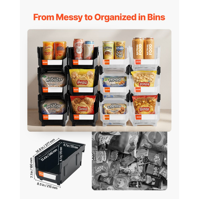 Πλαστικοί κάδοι αποθήκευσης VEVOR που στοιβάζονται, 37,7 x 21,5 x 18 cm (συσκευασία των 12), Πλαστικά δοχεία για οργάνωση και αποθήκευση σε κάδους γκαράζ, μικρά εξαρτήματα, είδη γραφείου, άλλα αξεσουάρ, μαύροι και διαφανείς