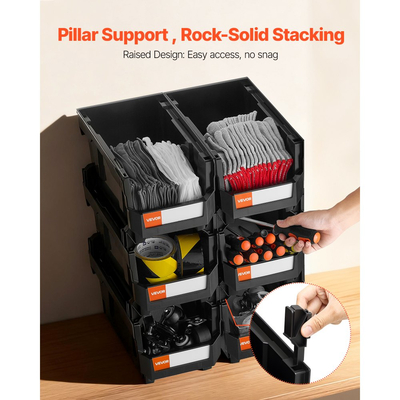 Πλαστικοί κάδοι αποθήκευσης VEVOR που στοιβάζονται, 37,7 x 21,5 x 18 cm (συσκευασία των 6), Πλαστικά δοχεία για οργάνωση και αποθήκευση σε ντουλάπες, γκαράζ, μικρά αντικείμενα, είδη γραφείου και άλλα αξεσουάρ, μαύροι