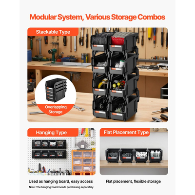 Πλαστικοί κάδοι αποθήκευσης VEVOR που στοιβάζονται, 27,6 x 14 x 13 cm (8 τεμάχια), Πλαστικά δοχεία για οργάνωση και αποθήκευση σε ντουλάπες, γκαράζ, μικρά αντικείμενα, είδη γραφείου και άλλα αξεσουάρ, μαύροι