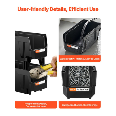 Πλαστικοί κάδοι αποθήκευσης VEVOR που στοιβάζονται, 27,6 x 14 x 13 cm (8 τεμάχια), Πλαστικά δοχεία για οργάνωση και αποθήκευση σε ντουλάπες, γκαράζ, μικρά αντικείμενα, είδη γραφείου και άλλα αξεσουάρ, μαύροι