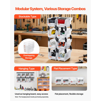 Πλαστικοί κάδοι αποθήκευσης VEVOR που στοιβάζονται, 27,6 x 14 x 13 cm (8 τεμάχια), Πλαστικά δοχεία για οργάνωση και αποθήκευση σε δοχεία για ντουλάπα, γκαράζ, μικρά εξαρτήματα, είδη γραφείου, άλλα αξεσουάρ, διαφανή