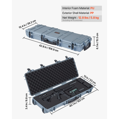 Θήκη σκληρού τυφεκίου VEVOR, θήκη τυφεκίου με κλειδαριά και προκομμένους αφρούς, αποθήκευση όπλου 1016 mm με ρόδες, IP67 αδιάβροχη και ανθεκτική στη σκόνη κινητή μεγάλη αποθήκευση πιστολιού για τυφέκια, κυνηγετικά όπλα, όπλα Airsoft, γκρι