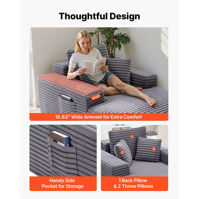 Πολυθρόνα VEVOR, Πολυθρόνα Εσωτερικού Χώρου 1380 mm Χωρίς Κόκαλα, Μοντέρνα Υπερμεγέθης Πολυθρόνα Ανάγνωσης με Ταπετσαρία και Μαξιλάρια & Μπράτσα, Καναπές-Καναπές-Βαθιά Κάθισμα-Κρεβάτι για Σαλόνι, Υπνοδωμάτιο, Γκρι