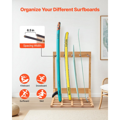 VEVOR Κάθετη Βάση για Σανίδες του Σερφ, Ξύλινη Σχάρα για Σανίδες του Σερφ 4 Επιπέδων για Αποθήκευση και Επίδειξη, Ανεξάρτητη Οργάνωση Βάσης Σανίδας, Βάση Σανίδας για Wakeboard, Snowboard, Kiteboard, Shortboard, Σκι