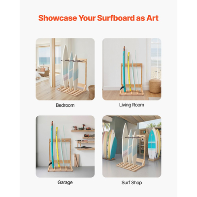 VEVOR Κάθετη Βάση για Σανίδες του Σερφ, Ξύλινη Σχάρα για Σανίδες του Σερφ 4 Επιπέδων για Αποθήκευση και Επίδειξη, Ανεξάρτητη Οργάνωση Βάσης Σανίδας, Βάση Σανίδας για Wakeboard, Snowboard, Kiteboard, Shortboard, Σκι