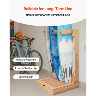 VEVOR Κάθετη Βάση για Σανίδες του Σερφ, Ξύλινη Σχάρα για Σανίδες του Σερφ 3 Επιπέδων για Αποθήκευση και Επίδειξη, Ανεξάρτητη Οργάνωση Βάσης για Σανίδες του Σερφ με Κρεμαστούς Γάντζους & Επένδυση από Φελλό, για Wakeboards, Snowboards, Kiteboards