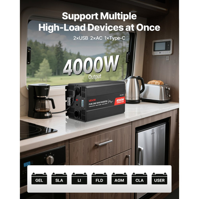 Μετατροπέας Ισχύος VEVOR 4000W, Μετατροπέας Καθαρού Ημιτόνου Κύματος 12V DC σε 230V AC, Μετατροπέας Ηλιακού Φορτιστή Αυτοκινήτου με Οθόνη LCD, Τηλεχειριστήριο, 2 Θύρες USB, 2 Πρίζες AC, Θύρα Type-C, για RV, Φορτηγό Εξωτερικού Χώρου