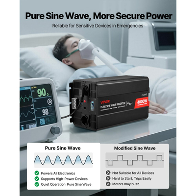 Μετατροπέας Ισχύος VEVOR 4000W, Μετατροπέας Καθαρού Ημιτόνου Κύματος 12V DC σε 230V AC, Μετατροπέας Ηλιακού Φορτιστή Αυτοκινήτου με Οθόνη LCD, Τηλεχειριστήριο, 2 Θύρες USB, 2 Πρίζες AC, Θύρα Type-C, για RV, Φορτηγό Εξωτερικού Χώρου