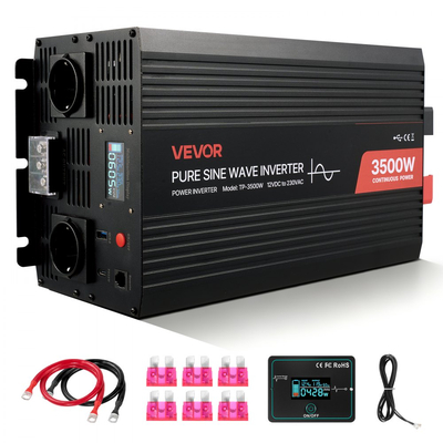 Μετατροπέας Ισχύος VEVOR 3500W, Μετατροπέας Καθαρού Ημιτόνου 12V DC σε 230V AC, Μετατροπέας Ηλιακού Φορτιστή Αυτοκινήτου με Οθόνη LCD, Τηλεχειριστήριο, Θύρα USB, 2 Πρίζες AC, Θύρα Type-C, για RV, Φορτηγό, Κάμπινγκ σε Εξωτερικό Χώρο