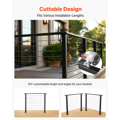 VEVOR Κιγκλίδωμα από ανοξείδωτο ατσάλι 198 cm, Ορθογώνιο κιγκλίδωμα σκάλας για εξωτερικούς/εσωτερικούς χώρους με καπάκι άκρου, ρυθμιζόμενο μεταλλικό κιγκλίδωμα σκάλας σε ματ μαύρη επίστρωση για κιτ κιγκλιδώματος καλωδίων