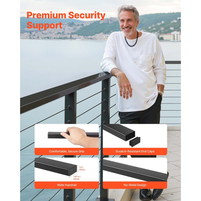 VEVOR Κιγκλίδωμα από ανοξείδωτο ατσάλι 198 cm, Ορθογώνιο κιγκλίδωμα σκάλας για εξωτερικούς/εσωτερικούς χώρους με καπάκι άκρου, ρυθμιζόμενο μεταλλικό κιγκλίδωμα σκάλας σε ματ μαύρη επίστρωση για κιτ κιγκλιδώματος καλωδίων