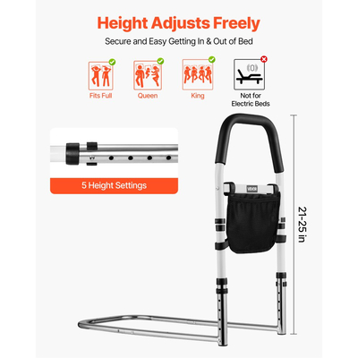 VEVOR Ράγα κρεβατιού για ηλικιωμένους, Ράγες υποβοήθησης κομοδίνου με χειρολισθήρα PU, Ρυθμιζόμενο ύψος για μπαστούνι κομοδίνου, Ράβδοι κρεβατιού από ανθρακούχο χάλυβα υψηλής αντοχής για ηλικιωμένους και ασθενείς, Ταιριάζει σε κρεβάτια King, Queen, Full, Twin