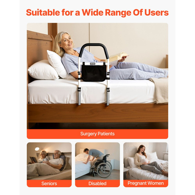 VEVOR Ράγα κρεβατιού για ηλικιωμένους, Ράγες υποβοήθησης κομοδίνου με χειρολισθήρα PU, Ρυθμιζόμενο ύψος για μπαστούνι κομοδίνου, Ράβδοι κρεβατιού από ανθρακούχο χάλυβα υψηλής αντοχής για ηλικιωμένους και ασθενείς, Ταιριάζει σε κρεβάτια King, Queen, Full, Twin