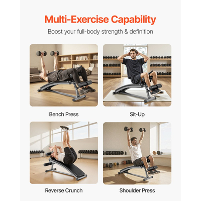 Πάγκος κοιλιακών VEVOR, Κυρτός πάγκος κοιλιακών με λαβή αντίστροφης τριβής, με 6 ρυθμιζόμενες ρυθμίσεις ύψους, Ανθεκτικό ατσάλι, Χωρητικότητα 272 κιλών για προπονήσεις γυμναστικής στο σπίτι, προπόνηση ενδυνάμωσης, ολόκληρο το σώμα