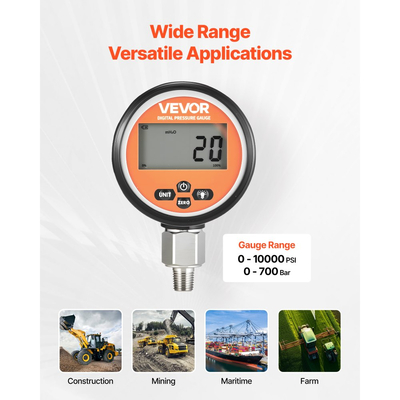 Ψηφιακός μετρητής υδραυλικής πίεσης VEVOR, αισθητήρας υδραυλικής πίεσης 0-700 Bar (0-10000 PSI), μανόμετρο με είσοδο βάσης NPT για μηχανήματα κατασκευής εκσκαφέα, αδιάβροχο περίβλημα από ανοξείδωτο χάλυβα
