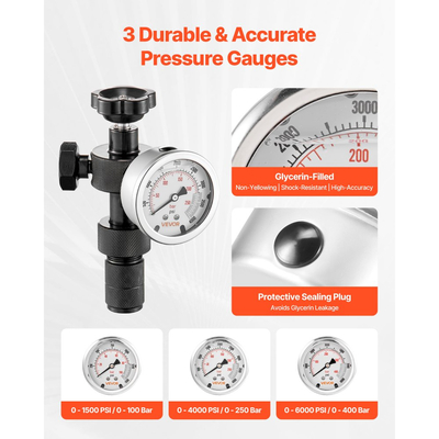 Κιτ φόρτισης υδραυλικού συσσωρευτή αζώτου VEVOR, κιτ πλήρωσης αζώτου "όλα σε ένα", σύστημα δοκιμής πίεσης με 3 μετρητές (100, 250, 400 Bar), 6 προσαρμογείς συνδέσμους, 1 εύκαμπτος σωλήνας αερίου, 1 βαλβίδα, 1 προσαρμογέας CGA580