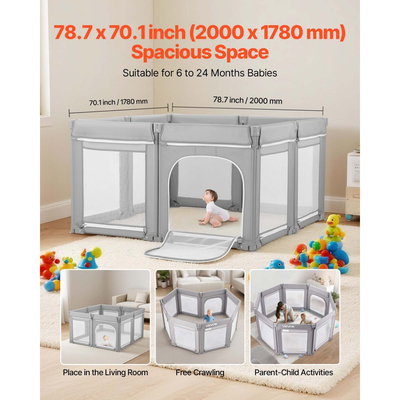 Παιδικό Πάρκο VEVOR, Πάρκο Πάρκινγκ 2000 x 1780mm, Πτυσσόμενος Φράχτης για Παιδιά με Πόρτα με Φερμουάρ & Μαλακό Αναπνεύσιμο Δίχτυ, Κέντρο Ασφαλών Δραστηριοτήτων Εσωτερικού και Εξωτερικού Χώρου - Υπέροχο Δώρο για Νήπια