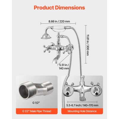 Βρύση μπανιέρας VEVOR με νύχια, Επιτοίχιες βρύσες μπανιέρας με χειροκίνητο ντους, Κιτ πλήρωσης μπανιέρας με νύχια από γυαλισμένο χρώμιο σε vintage στιλβωμένο χρώμα, ρυθμιζόμενοι βραχίονες περιστροφής και στόμιο περιστροφής 360° για μπανιέρες
