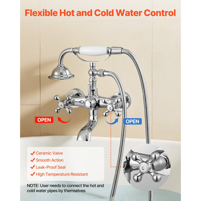 Βρύση μπανιέρας VEVOR με νύχια, Επιτοίχιες βρύσες μπανιέρας με χειροκίνητο ντους, Κιτ πλήρωσης μπανιέρας με νύχια από γυαλισμένο χρώμιο σε vintage στιλβωμένο χρώμα, ρυθμιζόμενοι βραχίονες περιστροφής και στόμιο περιστροφής 360° για μπανιέρες