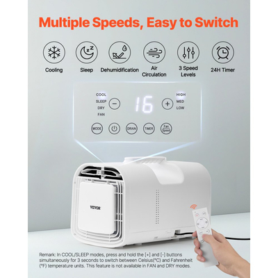 Φορητό Κλιματιστικό VEVOR, Μονάδα Κλιματισμού 3 Ταχυτήτων 4250 BTU με Χρονοδιακόπτη 24 ωρών, Τηλεχειριζόμενο Φορητό Κλιματιστικό Ρυθμιζόμενης Θερμοκρασίας 16-32℃, Για Υπαίθρια Σκηνή, Κάμπινγκ, RV ή Οικιακή Χρήση, Λευκό