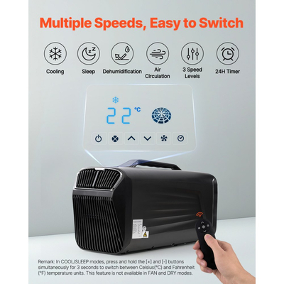 Φορητό Κλιματιστικό VEVOR, Μονάδα Κλιματισμού 3 Ταχυτήτων 4000BTU με 24ωρο Χρονοδιακόπτη, Φορητό Κλιματιστικό Ρυθμιζόμενο από 16-30℃, Συμβατό με AC/DC για Υπαίθρια Σκηνή, Κάμπινγκ, RV ή Οικιακή Χρήση, Σκούρο Γκρι
