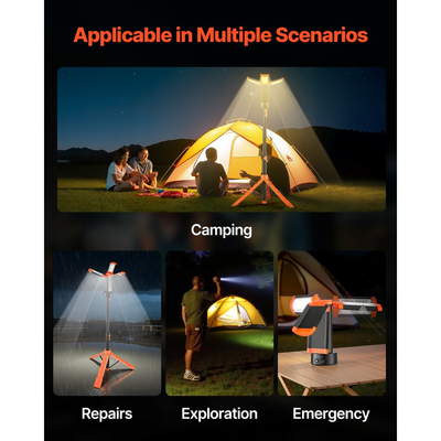 Φως εργασίας LED VEVOR με βάση, 8Ah, Επαναφορτιζόμενο ασύρματο φως κατασκήνωσης, με 3 κεφαλές λαμπτήρων, αποσπώμενη βάση τρίποδου, 2200 Lumens 3000K-6500K με δυνατότητα ρύθμισης φωτισμού, φορητός φωτισμός κατασκευών για εργοτάξιο