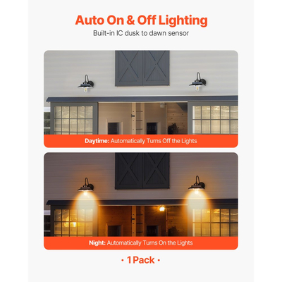 Ηλιακό εξωτερικό φωτιστικό αχυρώνα VEVOR, 3 λειτουργίες φωτισμού και αισθητήρας κίνησης, 1 σετ φωτιστικών με λαιμόκοψη, απλίκα τοίχου αγροικίας, συμβατή με λαμπτήρα E26, αδιάβροχο για βεράντα, σπίτι, είσοδο, γκαράζ, μαύρο