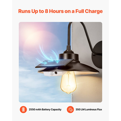 Ηλιακό εξωτερικό φωτιστικό αχυρώνα VEVOR, 3 λειτουργίες φωτισμού και αισθητήρας κίνησης, 1 σετ φωτιστικών με λαιμόκοψη, απλίκα τοίχου αγροικίας, συμβατή με λαμπτήρα E26, αδιάβροχο για βεράντα, σπίτι, είσοδο, γκαράζ, μαύρο