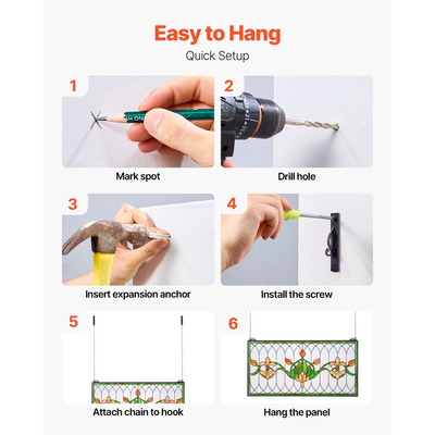 Πάνελ παραθύρου βιτρό VEVOR, 810 x 433 mm, Κρεμαστό πάνελ παραθύρου Tiffany σε στυλ τραβέρσας με αλυσίδα, μεγάλο οριζόντιο ορθογώνιο βιτρό, Vintage παραδοσιακής τέχνης χειροτεχνίες για διακόσμηση κουζίνας