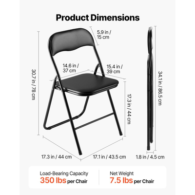 Πακέτο 6 πτυσσόμενων καρεκλών VEVOR, πτυσσόμενες δερμάτινες καρέκλες με μεταλλικό σκελετό βαρέως τύπου και επενδεδυμένο μαξιλάρι, φορητές πτυσσόμενες καρέκλες τραπεζιού με κάρτες, στοιβαζόμενα καθίσματα για σπίτι, αυλή, κήπο, πάρτι, εκδηλώσεις, μαύρο