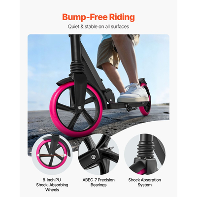 Πατίνι VEVOR για παιδιά 8+ ετών, εφήβους και ενήλικες, δίτροχο πατίνι για νήπια με ρυθμιζόμενο ύψος τιμονιού, φαρδιά αντιολισθητική βάση, πτυσσόμενο ελαφρύ πλαίσιο για αγόρια και κορίτσια έως 99,8 κιλά, ροζ